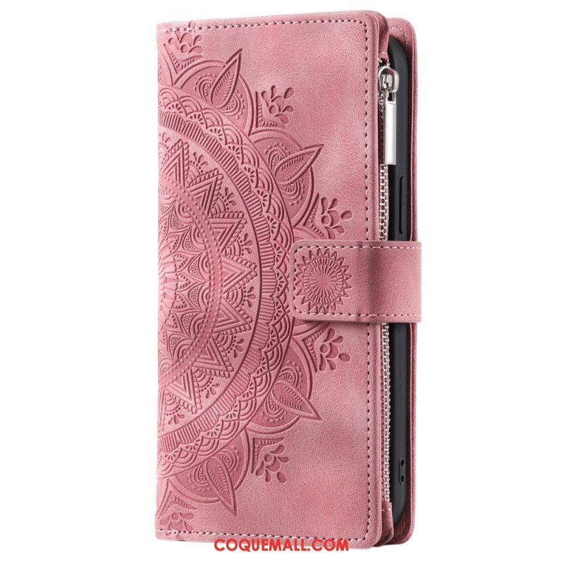 Housse iPhone 16 Pro Max Portefeuille Effet Daim Mandala