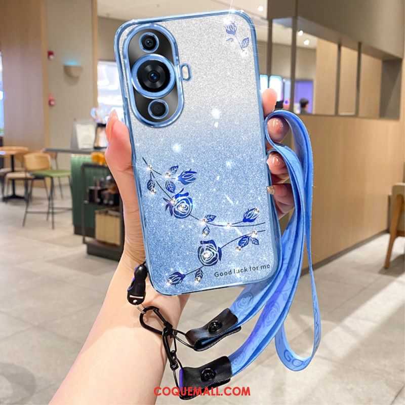 Coque Huawei Nova 12S Fleurs et Strass à Lanière KADEM