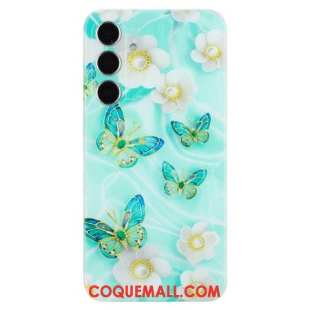 Coque Samsung Galaxy S24 FE Fleurs Blanches et Papillons Verts