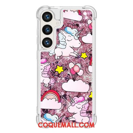 Coque Samsung Galaxy S24 Plus 5G Paillettes Liquides Licornes et Nuages