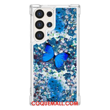 Coque Samsung Galaxy S24 Ultra 5G Paillettes Papillon Bleu