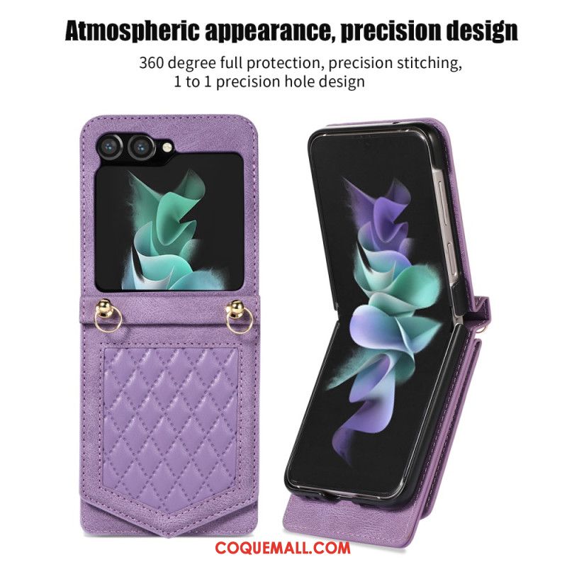 Coque Samsung Galaxy Z Flip 5 Porte-Cartes, Miroir et Bandoulière