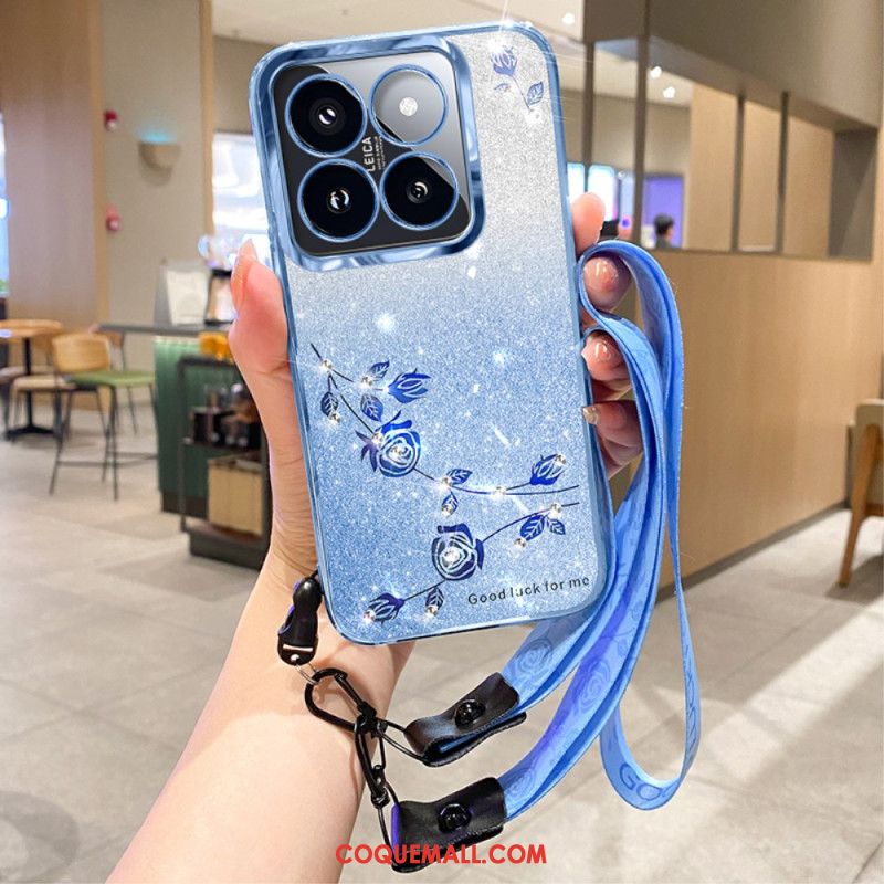 Coque Xiaomi 14T Pro Strass et Fleurs à Lanière