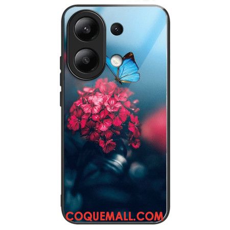 Coque Xiaomi Redmi Note 13 4G Verre Trempé Fleurs Rouges et Papillons