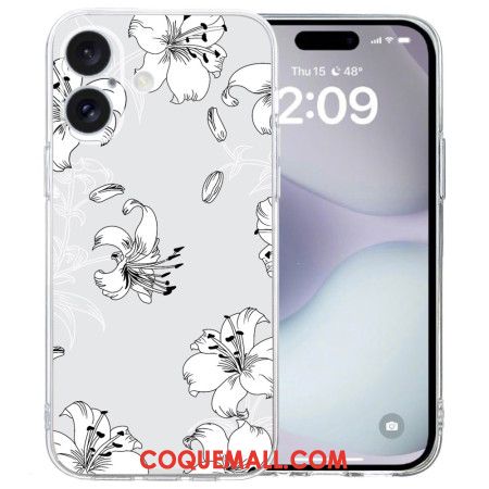 Coque iPhone 16 Bord Transparent Fleurs Blanches