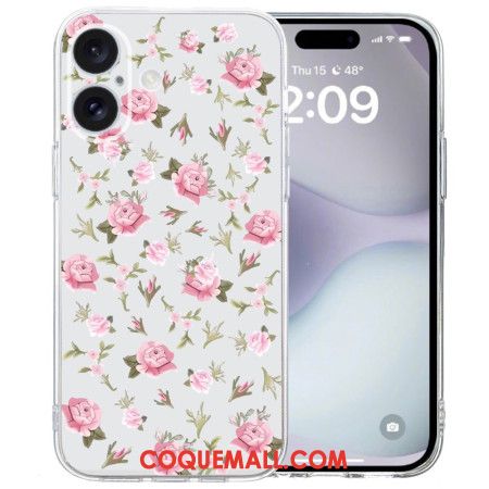 Coque iPhone 16 Bord Transparent Fleurs Roses