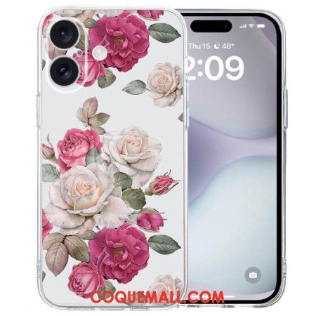 Coque iPhone 16 Bord Transparent Pivoines