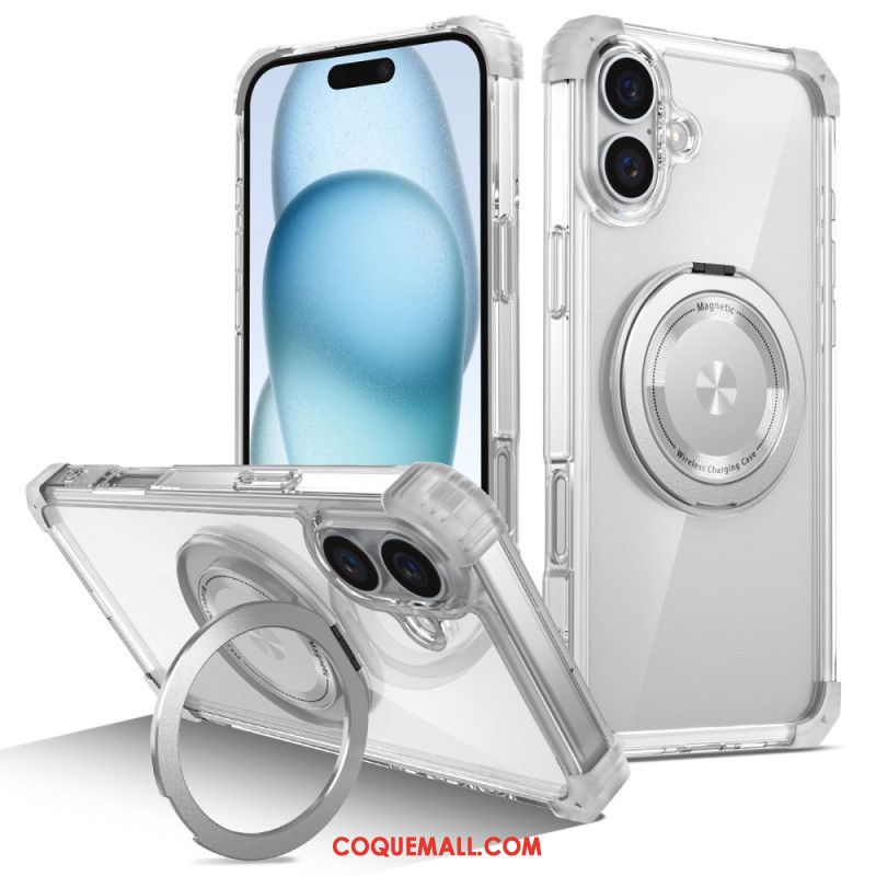 Coque iPhone 16 Plus Transparente compatible MagSafe Anneau-Support