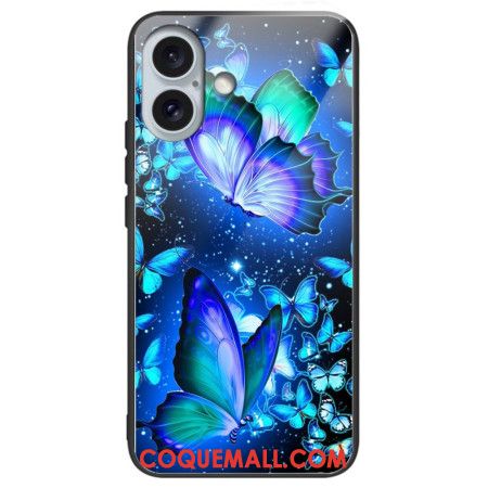 Coque iPhone 16 Plus Verre Trempé Papillons Bleus