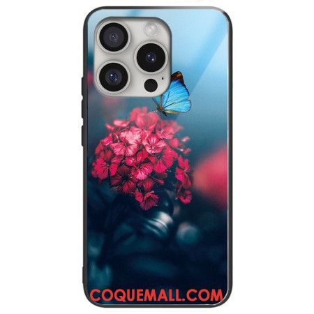 Coque iPhone 16 Pro Max Verre Trempé Fleurs et Papillon Bleu