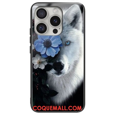 Coque iPhone 16 Pro Max Verre Trempé Loup et Fleur Bleue