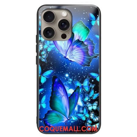 Coque iPhone 16 Pro Max Verre Trempé Papillons Bleus