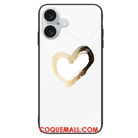 Coque iPhone 16 Verre Trempé Coeur Doré sur Fond Blanc