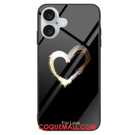 Coque iPhone 16 Verre Trempé Coeur sur Fond Noir