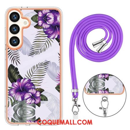 Coque à Cordon Samsung Galaxy S24 Plus 5G Fleurs Pourpres