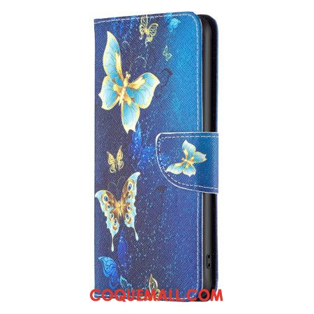 Housse OnePlus 12 5G Papillons Dorés sur Fond Bleu