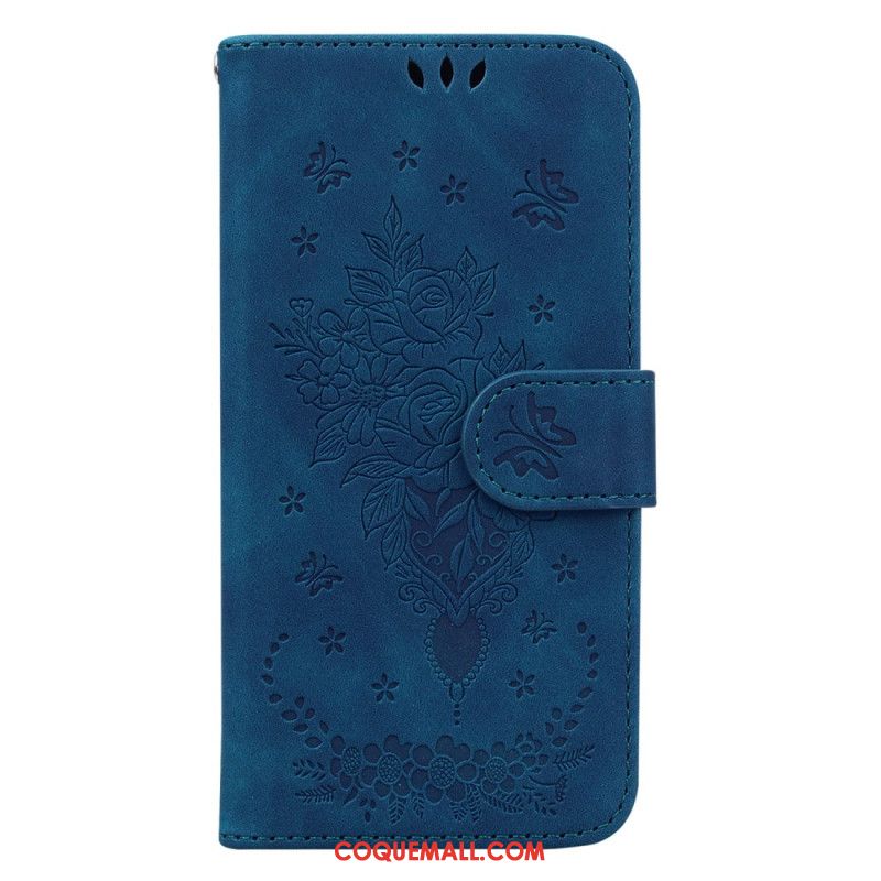 Housse Oppo Reno 11 5G Effet Daim Motif Fleurs à Lanière