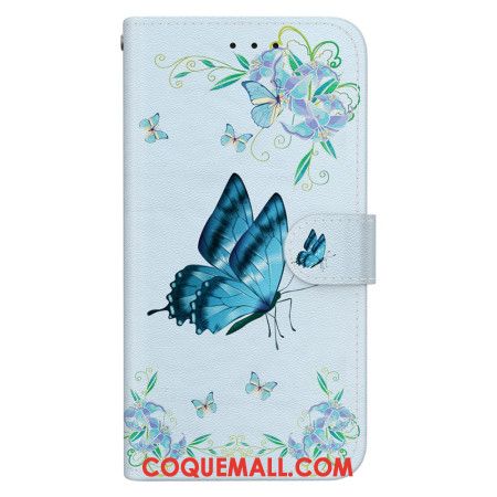 Housse Oppo Reno 11 5G Papillon Bleu et Fleurs à Lanière