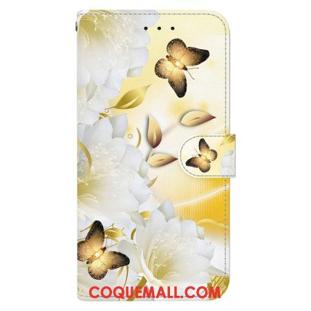 Housse Oppo Reno 11 5G Papillons Dorés et Fleurs à Lanière