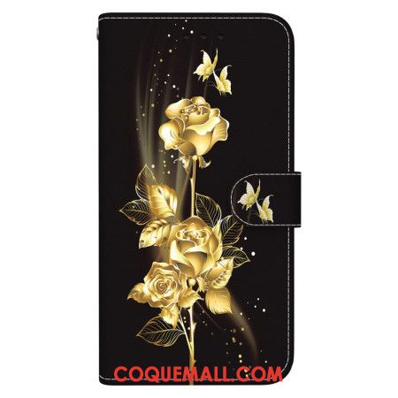 Housse Oppo Reno 11 5G Papillons Dorés et Roses à Lanière