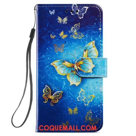 Housse Samsung Galaxy S24 5G Beaux Papillons Dorés à Lanière