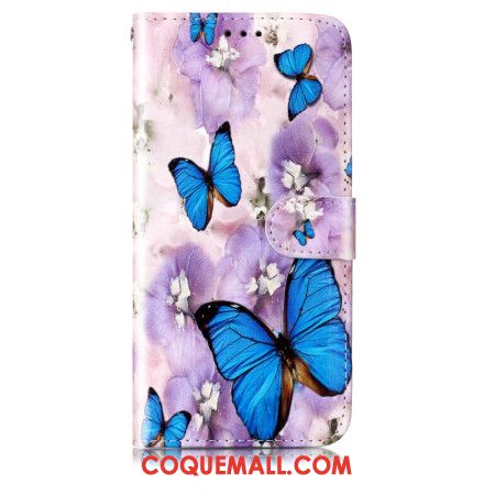 Housse Samsung Galaxy S24 5G Fleurs Violettes et Papillons à Lanière