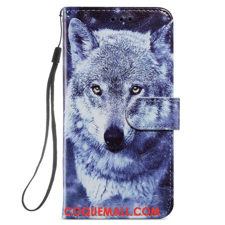 Housse Samsung Galaxy S24 5G Loup Blanc à Lanière