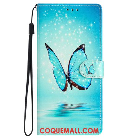 Housse Samsung Galaxy S24 5G Papillons Bleus à Lanière