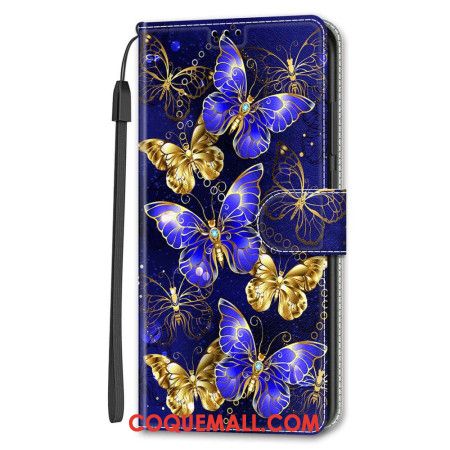 Housse Samsung Galaxy S24 5G Papillons Dorés et Bleus à Lanière