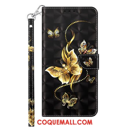 Housse Samsung Galaxy S24 5G Papillons Dorés à Lanière