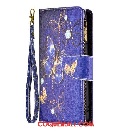 Housse Samsung Galaxy S24 5G Portefeuille Papillons Violets à Lanière