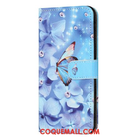 Housse Samsung Galaxy S24 FE Fleurs et Papillons Bleus à Lanière