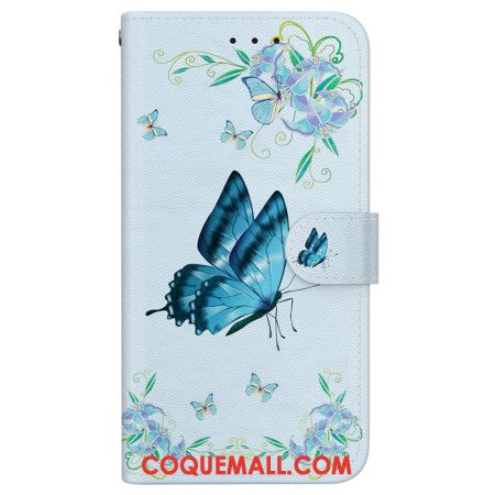 Housse Samsung Galaxy S24 FE Papillon Bleu et Fleurs à Lanière