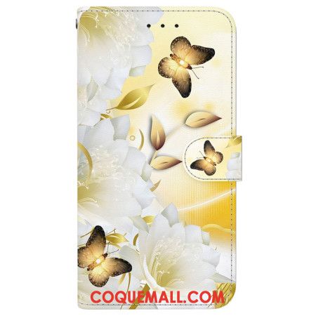 Housse Samsung Galaxy S24 FE Papillons Dorés et Fleurs Blanches