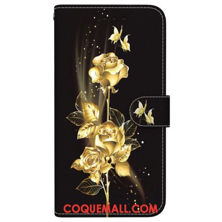 Housse Samsung Galaxy S24 FE Papillons Dorés et Roses à Lanière