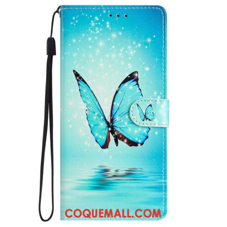 Housse iPhone 16 Papillon Bleu à Lanière