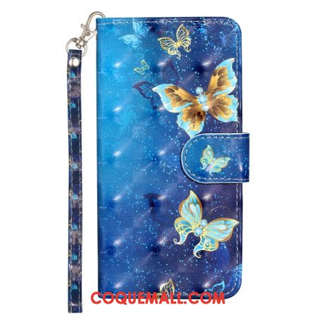 Housse iPhone 16 Plus Papillons Bleus Dorés à Lanière