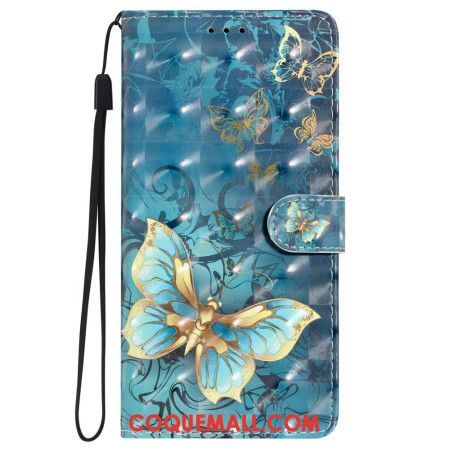 Housse iPhone 16 Plus Papillons Dorés et Verts à Lanière