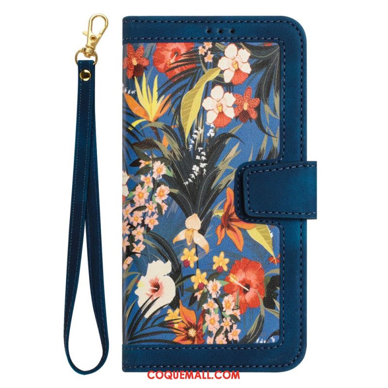 Housse iPhone 16 Portefeuille Motif Floral à Lanière